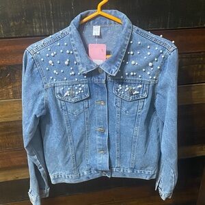 Blue Pearl-Studded Jean Jacket